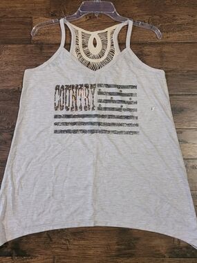 Maurices Light Gray Lace-Back 'Country' Graphic Tank